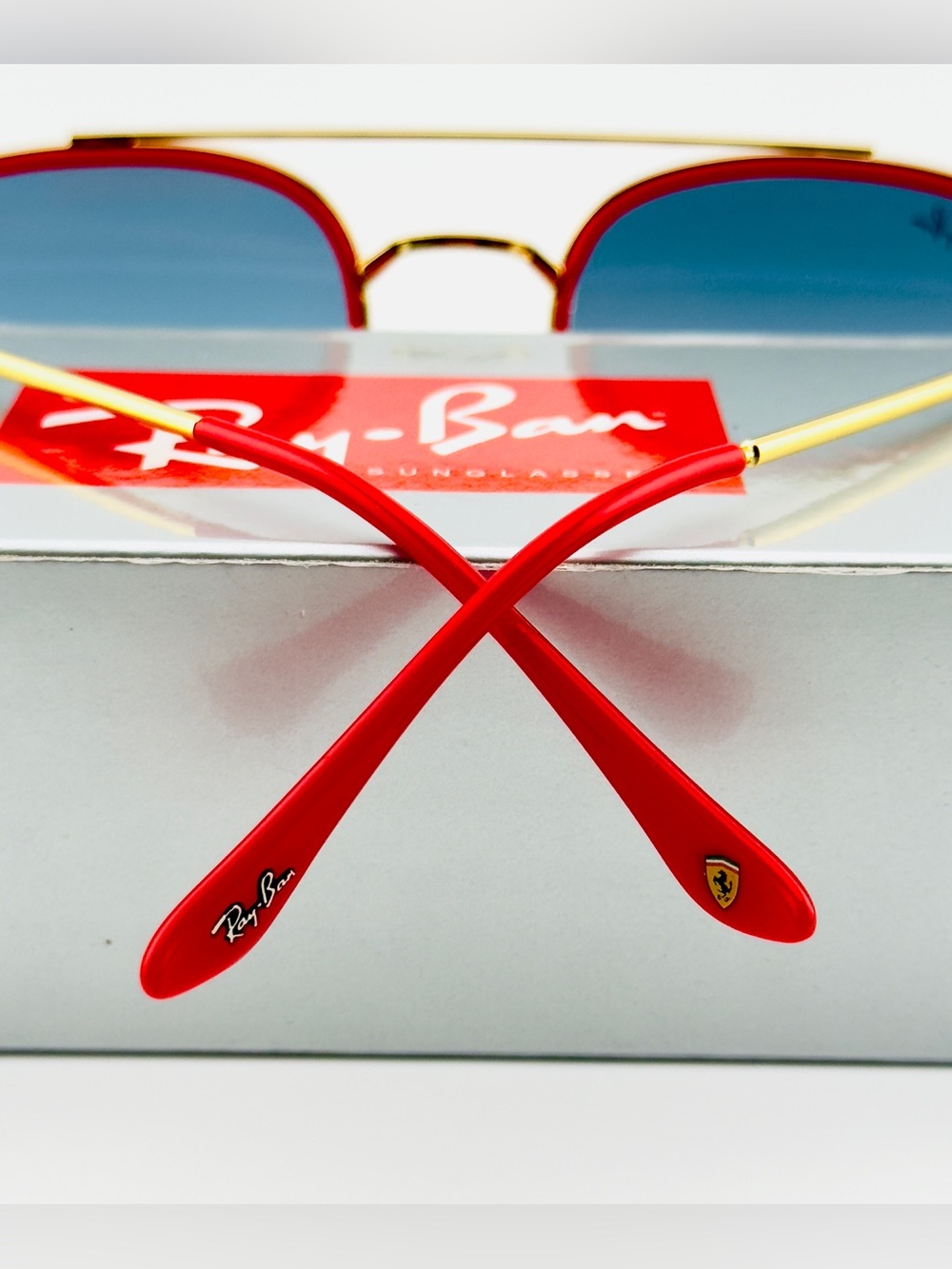Ray-Ban Scuderia Ferrari Sunglasses RB3748M Gold Frame Light Blue Gradient Lens - Picture 13 of 15